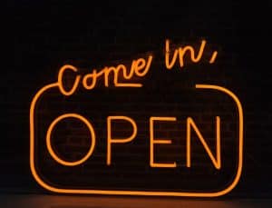 Neon open sign for sale - "Come in we are open" in Red LED - dark room